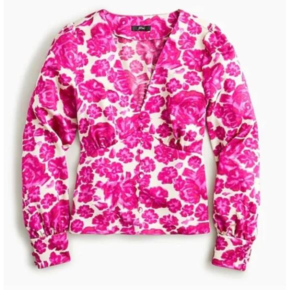 J.Crew Barbie Pink Floral Print Deep V-neck Faux Button Front Fitted Blouse // 2 - Picture 1 of 13